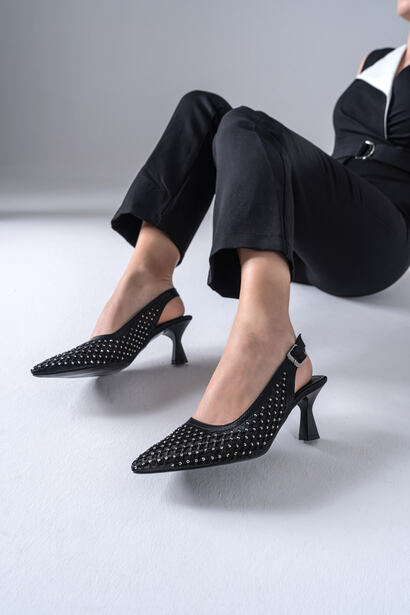 Faye Siyah Saten Taşlı Topuklu Ayakkabı